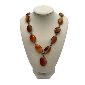 Vintage Banded Agate Orange Brown Fully Beaded Drop Necklace 26" Length